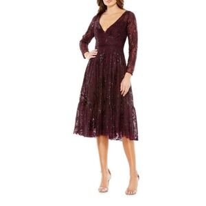 MAC DUGGAL 68001 Burgundy Lace Sequin V Neck Long Sleeve Midi Dress Size 2